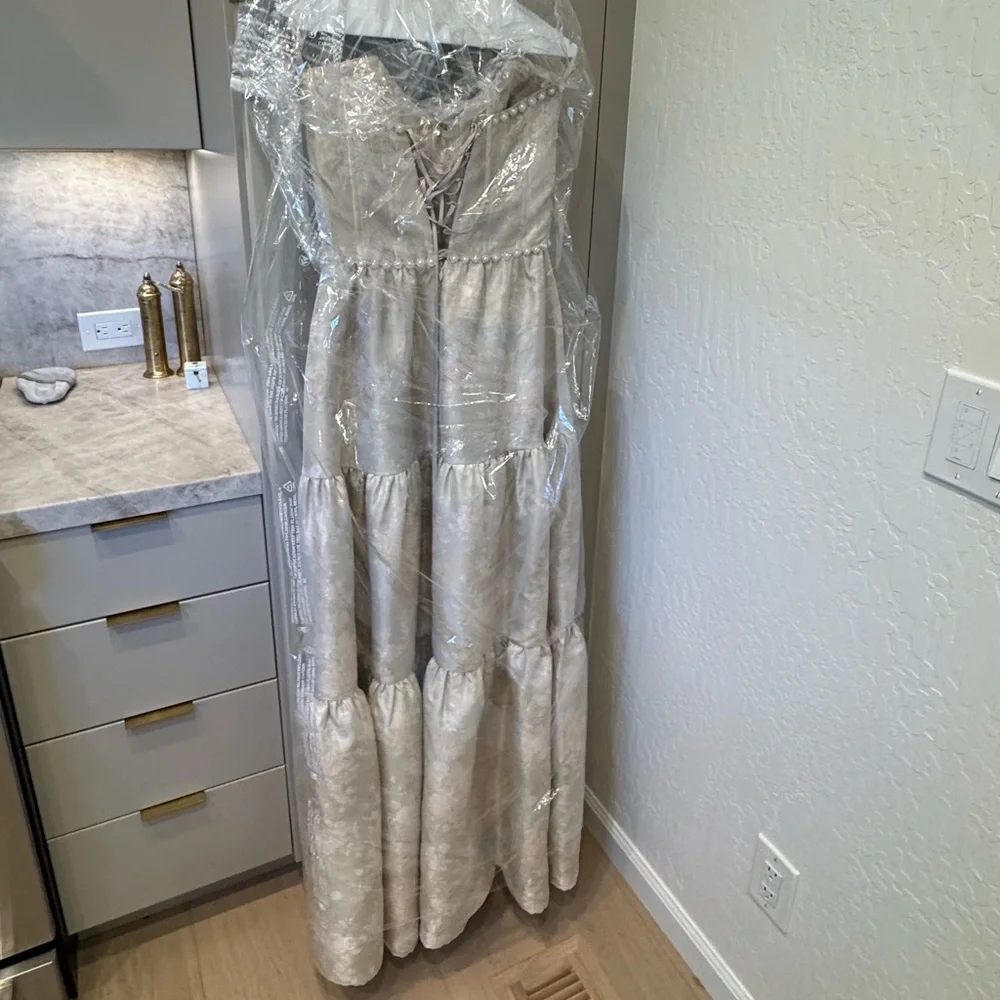 SIZE 6 V. Chapman The Vivian Dress in Taupe Windsor Brocade - Picture 3 of 7